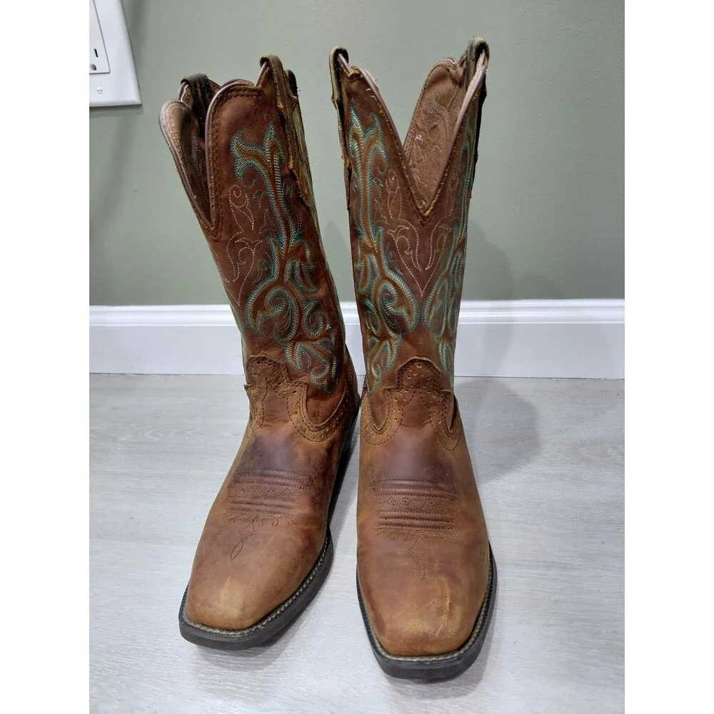 Justin Women's Stampede Cowboy Boots L2552 Brown embroidered Leather sz 7.5B